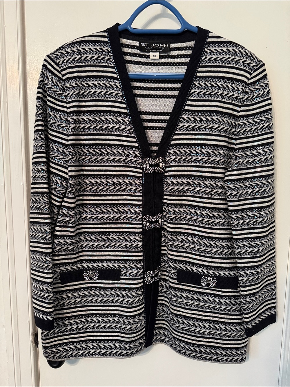 St. John Black and White Striped Knit Cardigan with Decorative Closures